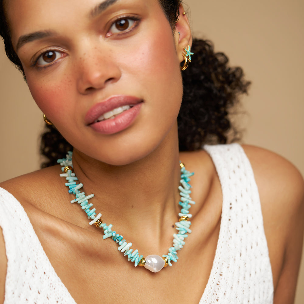Blue Coral Chip & Pearl Necklace - Image 2